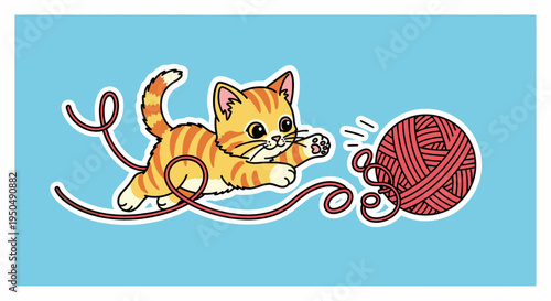 Cartoon kitten chasing a ball of yarn against a blue background vector illustration