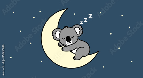 Cartoon koala bear sleeping on a crescent moon under a starry night sky