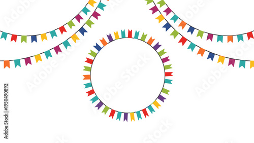 Festive decoration of colorful bunting flags in various arrangements and a circular frame for party and event themes.