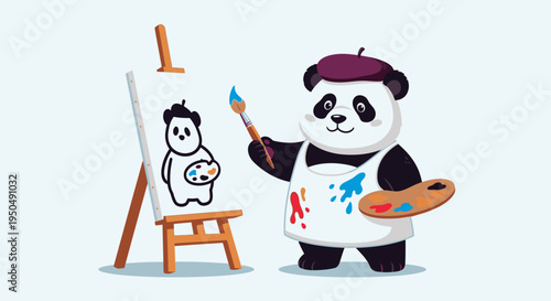Cartoon panda artist painting on easel with brush and palette isolated