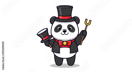 Cartoon panda magician holding hat and magic wand against white background