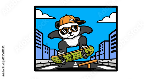 Cartoon panda skateboarding over ramp on city street background