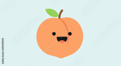 Cartoon peach fruit with smiling face and green leaf against a light blue background