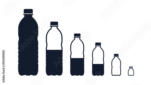 Silhouette illustration of plastic bottles in varying sizes and fill levels representing beverages recycling or water consumption.