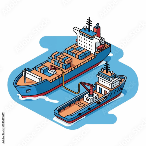 Container Ship Connected to Smaller Vessel via Hose.