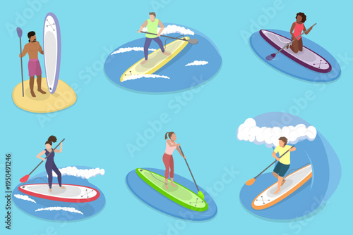 3D Isometric Flat Vector Illustration of Paddling, Group Of Cartoon Characters Trying Stand-Up Paddle Surfing