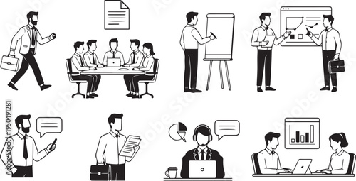 Business Team Meeting and Presentation Illustrations Showing Office Collaboration, Planning, and Professional Communication