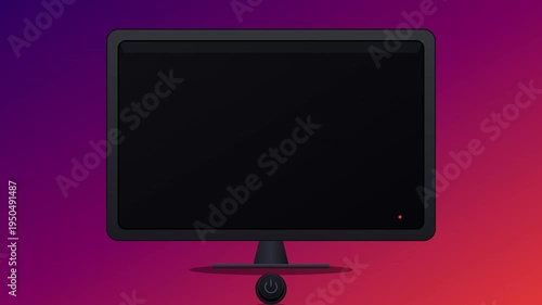Futuristic digital display boot-up sequence showcasing dynamic interface with vibrant gradient colors and geometric shapes on a monitor turning on