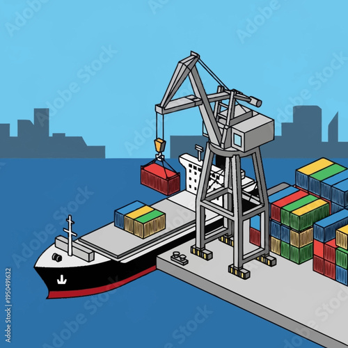 Cargo Ship Loading and Unloading at Port with Crane.