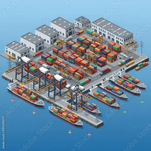 Modern Container Port with Ships and Cranes.