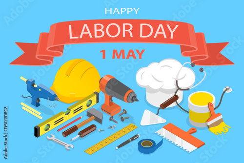 3D Isometric Flat Vector Illustration of Labor Day, Thank Workers For Their Hard Work