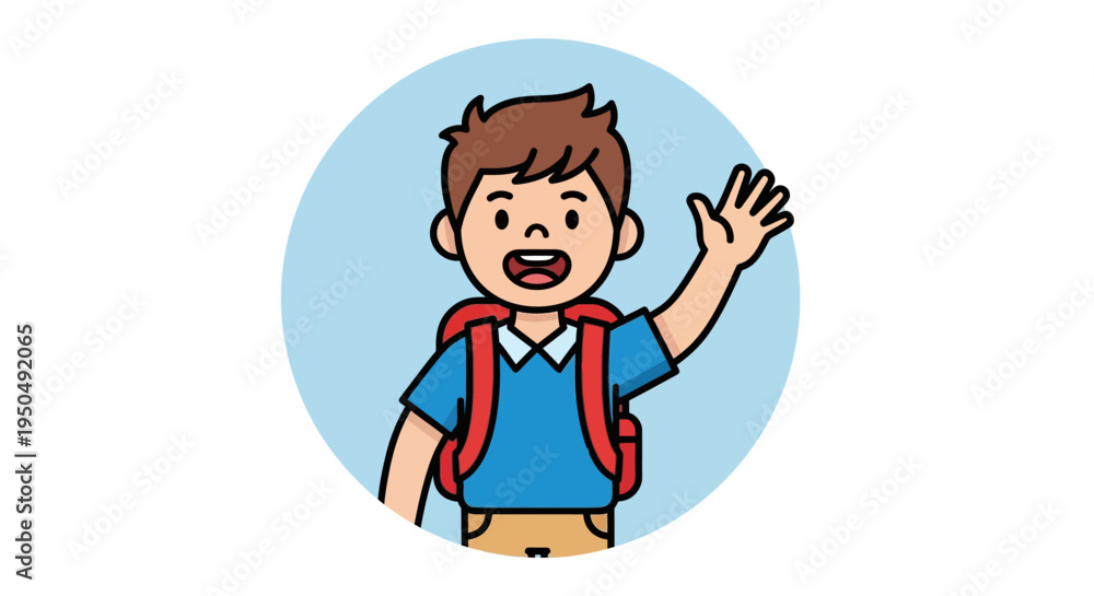 Fototapeta premium Happy Boy Waving Hello with Backpack, Ready for School