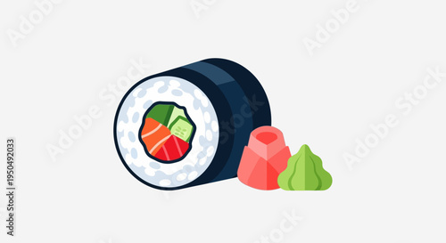 Delicious Sushi Roll with Wasabi and Ginger