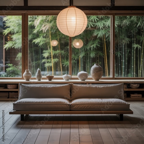 Japandi Serenity Living RoomOak flooring rice paper lighting Sca