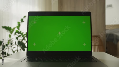 Laptop green screen mockup with dolly zoom