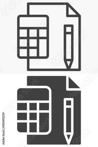 Calculator with document and pen icon set. Line and outline with solid style icon. Editable stroke vector sign and symbol for accounting calculation calculator icon.
