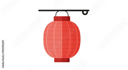 Red Japanese Lantern Hanging Outdoors on White Background