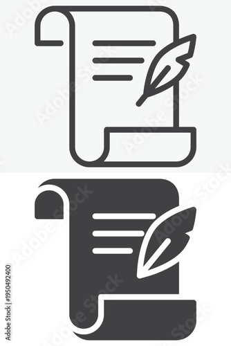 Parchment paper scroll with feather pen icon set. Line and outline with solid style icon. Editable stroke vector sign and symbol for historical writing parchment icon.