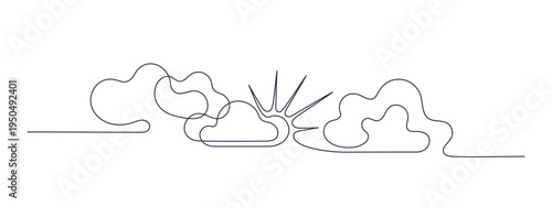 One continuous line drawing of sun behind fluffy cloud. Minimalist linear sketch perfect for summer travel design, weather apps or nature inspired background. Vector editable stroke