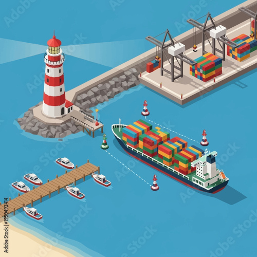 Container Ship Arriving at Busy Port with Lighthouse.