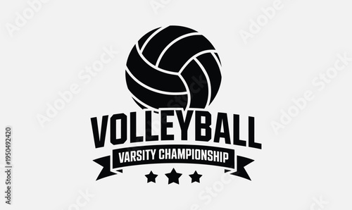 Volleyball Varsity Championship Emblem Vector Illustration with Ball Banner and Stars for Sports