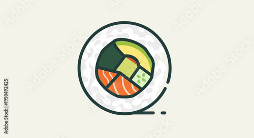 Vibrant Sushi Roll Icon: Fresh Salmon, Avocado, Cucumber, and Seaweed - Healthy Japanese Food