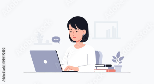 Young Woman Typing on Laptop at Desk, Online Communication, Remote Work, Study