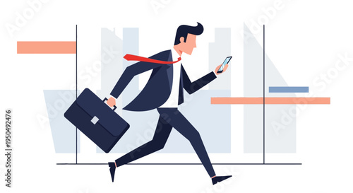 Businessman running late for work, checking phone, carrying briefcase, urban office background