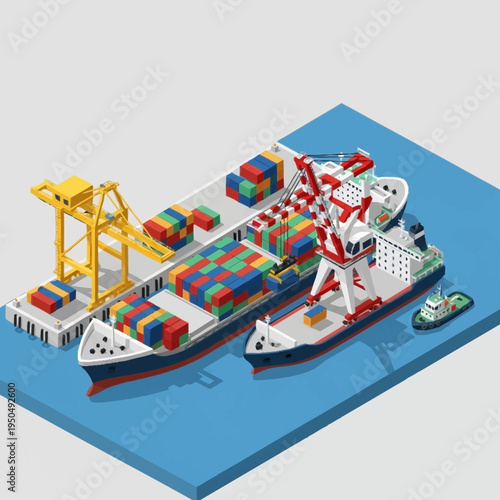 Isometric Container Ship and Crane at Port.