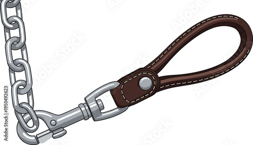 Dog Chain Leash with Leather Handle Vector Illustration Featuring Metal Clip Hook and Steel Links for Pet Walking Control Equipment