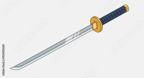 Japanese Katana Sword with Blue Wrapped Handle and Golden Guard Isolated on White