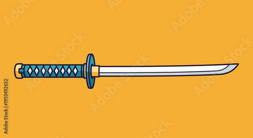 Japanese Katana Sword Illustration with Blue Diamond Handle on Orange Background