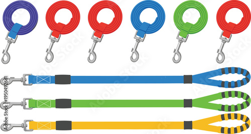 Dog Leash and Pet Lead Vector Set with Nylon Strap, Metal Clip Hook and Colorful Handle for Pet Walking Accessories Collection