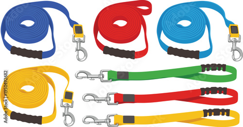 Colorful Dog Leash Set Vector Illustration with Nylon Pet Leads, Metal Clip Hooks and Comfortable Handle Grip for Pet Walking Equipment