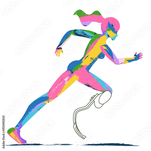 Running woman with prosthetic leg. Adaptive athlete and disability sport concept. Bionic technology vector illustration