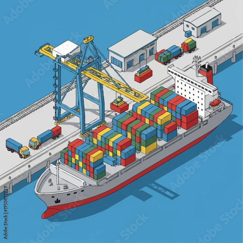Container Ship Loading at Industrial Port Terminal.