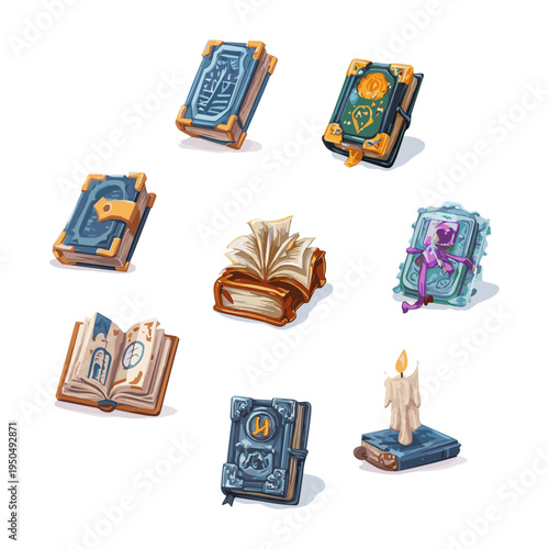 Fantasy Magic Books Icon Set – Cartoon Spellbooks, Wizard Tomes, Game UI Illustration