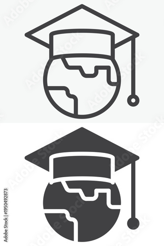 World education student globe icon set. Line and outline with solid style icon. Editable stroke vector sign and symbol for global learning world education icon.