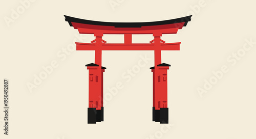 Red Japanese Torii Gate Icon, Traditional Shinto Shrine Entrance, Minimalist Vector Art