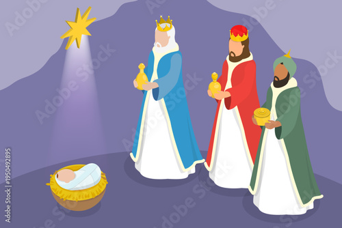 3D Isometric Flat Vector Illustration of Happy Epiphany Day, Three Wise Men