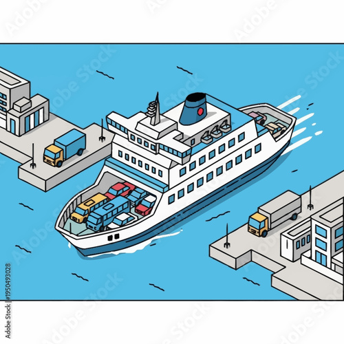 Ferryboat Carrying Cars and Trucks Docked at Port.