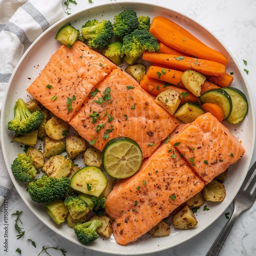 Salmon fillets assorted vegetables e g broccoli carrots zucchini