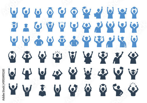 Collection of blue and black silhouettes depicting celebrating graduates with raised arms