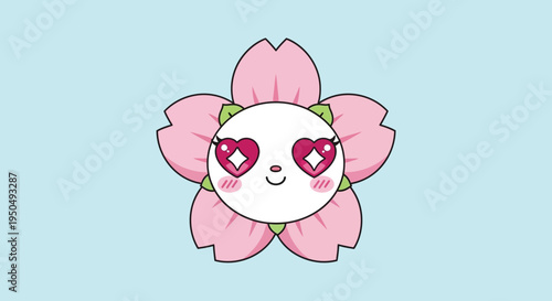 Cute Panda Flower Character with Heart Eyes and Pink Petals on Blue Background