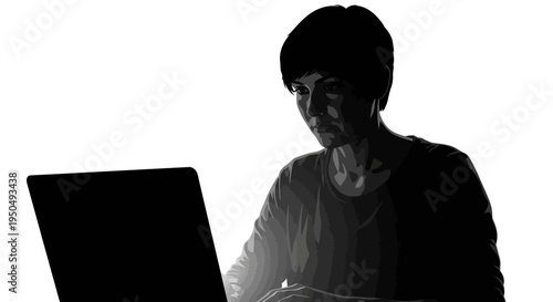 Woman Working on Laptop Computer in Silhouette, Focused Expression