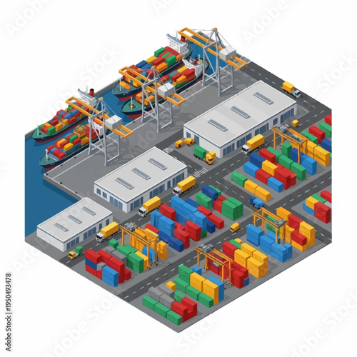 Isometric Container Port with Cranes and Ships.