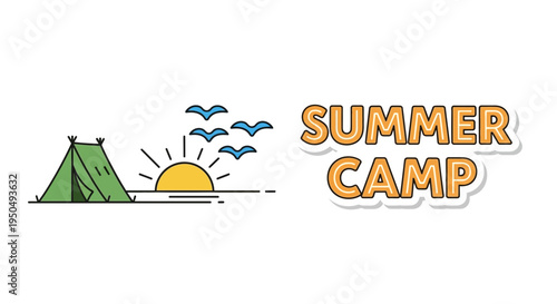 Vector summer camp logo with tent, sun, and birds