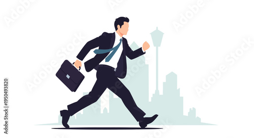 Businessman running with briefcase in city street, business concept, fast pace, urban lifestyle