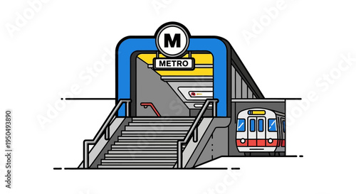 Modern Metro Station Entrance with Train, Urban Public Transportation