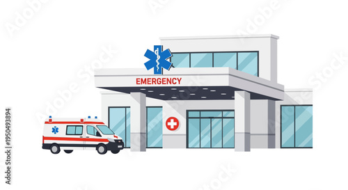 Modern Hospital Building with Ambulance and Emergency Entrance